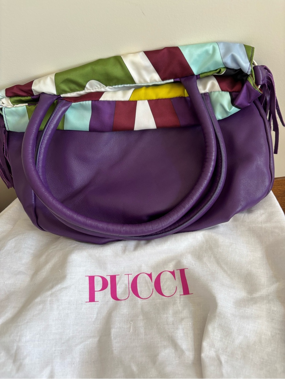 Emilio Pucci Purple Leather Shoulder Bag with Multicolor Silk Trim